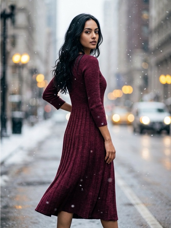 Nina Leonard Dresses & Skirts - Nina Leonard Long Sleeve Ribbed Midi Sweater Dress in Burgundy